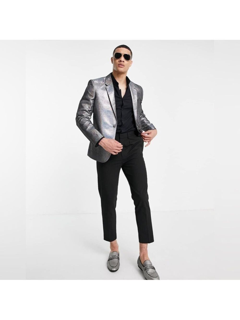 ASOS DESIGN slim multi shimmer blazer-fits chest size 36”‎ - oil slick silver